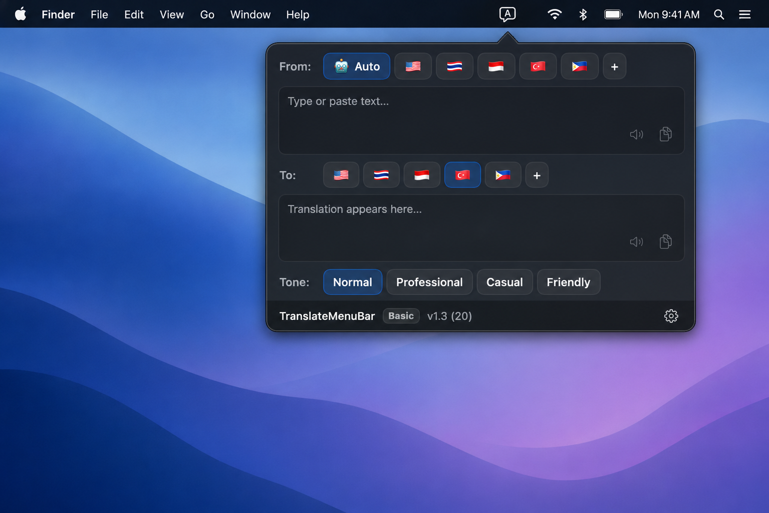 TranslateMenuBar popover translating selected text on macOS